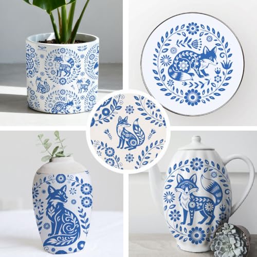 SUPERDANT 5 Sheet Underglaze Transfer Paper Fox Disk Floral Ceramic Decal for Craft Pottery Studio Use Blue 20.5x14.6 Inch - style: Fox Disk Pattern