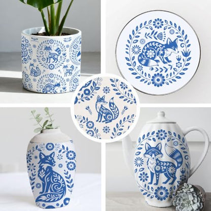 SUPERDANT 5 Sheet Underglaze Transfer Paper Fox Disk Floral Ceramic Decal for Craft Pottery Studio Use Blue 20.5x14.6 Inch - style: Fox Disk Pattern