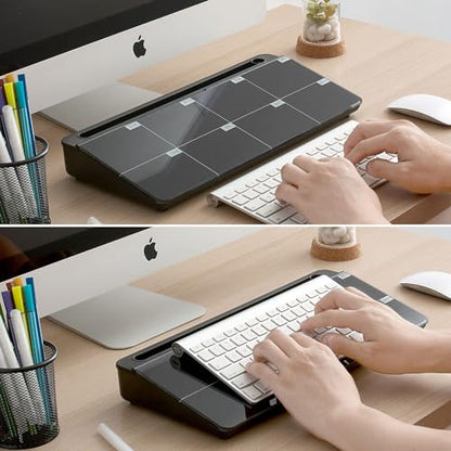 Desktop Whiteboard Dry-Erase-Board - Computer Keyboard Stand White Board Surface Pad with Drawer, Desk Organizers with Accessories for Office, Home, School Supplies - color: Black Base/Glass-weekly Calendar