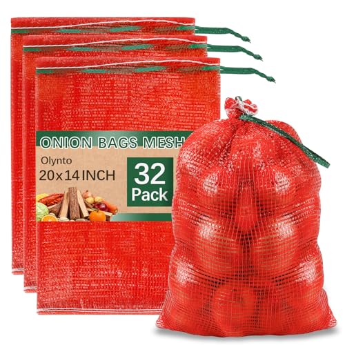 32 Pcs 20x14in Red Mesh Onion Bags with Drawstring, 35 lb Reusable Fresh Produce Onion Storage Sacks For Onions Potato Garlic Citrus Crawfish and Firewood, Washable Breathable Net Bags For Vegetable | Breathable