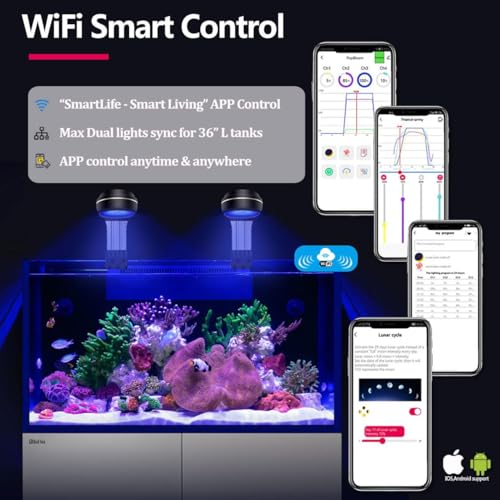RL60 WiFi Reef LED Light, 60W Full Spectrum Marine Reef LED Aquarium Lighting for Soft/LPS Corals & Saltwater Fish Nano Tanks, Built-in Timer, WiFi Phone Programmable, Sunrise Sunset