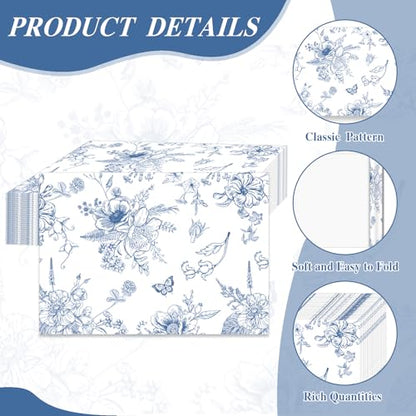 50 Pcs Blue Porcelain Paper Placemats, 11x16 Inch Blue Floral Disposable Placemats Spring Summer Flowers Chinoiserie Table Mats for Wedding Baby Shower Birthday Home Party Supplies