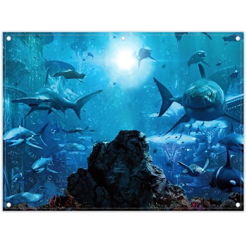 Fabric 8x6ft Shark Theme Photography Backdrop Underwater Deep Ocean Animals Fish Background Aquarium Kids Party Decorations Photo Banner Props
