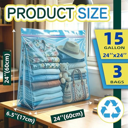 15 Gallon Extra Large Storage Bags with Handles, 3.5 Mil Thick 24"x24" with Clear Zipper Heavy Duty for Home, Moving and Travel, 3 Packs, Blue