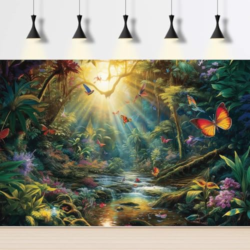 Rainforest Birds Aquarium Background Jungle Forest Winding Rivers Colorful Birds Harmony Nature Landscape Fish Tank Background Butterfly Jungle Tranquil Stream Theme Aquarium Tank Backgrounds 36x18in