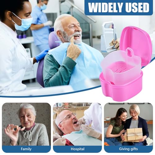 KISEER Pink Denture Bath Case Cup Box Holder Storage Soak Container with Strainer Basket for Travel Cleaning - color: Pink