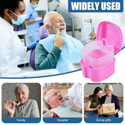 KISEER Pink Denture Bath Case Cup Box Holder Storage Soak Container with Strainer Basket for Travel Cleaning - color: Pink
