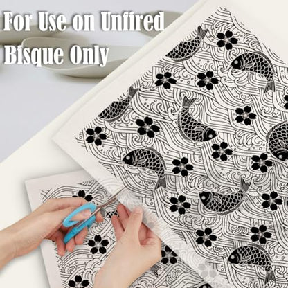 SUPERDANT 4PCS Fish Flowers Underglaze Paper Transfer Blossoms Transfer Paper for Clay Ceramic Porcelain Under Glaze Transfers for Pottery Enamel Decals Black Underglaze Decal Papers - style: Fish and Flower