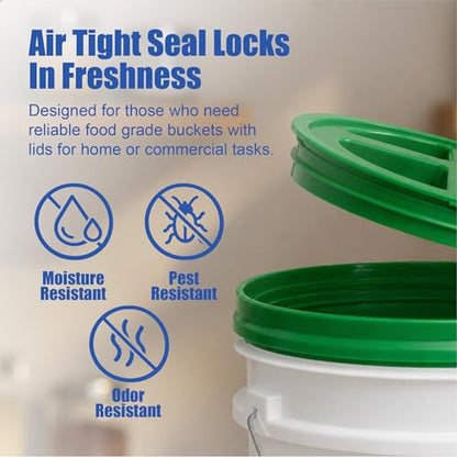 5 Gallon Bucket - Food Grade Bucket with Airtight Gamma Seal Screw-On Lid, BPA-Free, Heavy-Duty 90 Mil HDPE Plastic, Bulk Storage, Durable Container, Made in USA, White/Green, 3 Packs