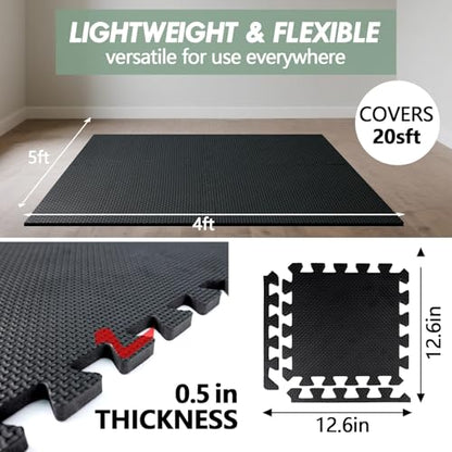 20 Sq Ft Gym Floor Mats, 0.5" Thick Interlocking Foam Tiles - color: Black