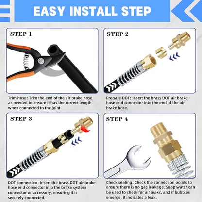 3/8” Hose x 1/2” Male Connector with Spring Guard, Dazakoot 2 Pack Air Brake Hose End Brass Fitting with 2 Pack 3/8” Sleeve Tube - size: 3/8" Hose X 1/2" Male, style: 4PCS KIT