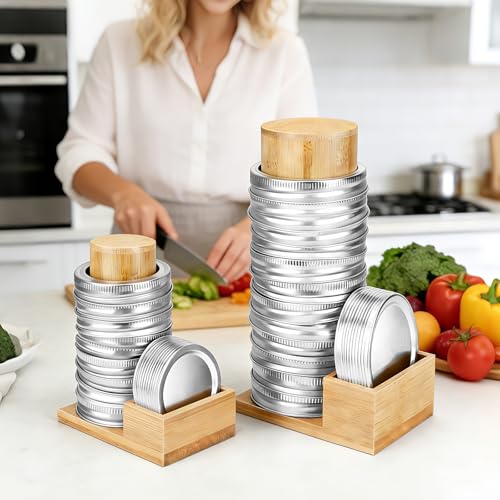 2PCS Mason Jar Lid Organizer & Holder (Wide Mouth & Regular Mouth) Bamboo Ball Jar Wooden Storage Accessories for Home Kitchen Organization Fit Mason/Canning/Bamboo Lids, Holds 20 Lids & 20 Rings