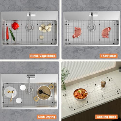 Stainless Steel Sink Grid and Protector for Bottom of Kitchen Sink, 28-3/8" x 14-3/16" with Drain Hole for Single Handmade Sink Bowl for Kitchen Sink Grate with Sink Hole Cover, One-Piece
