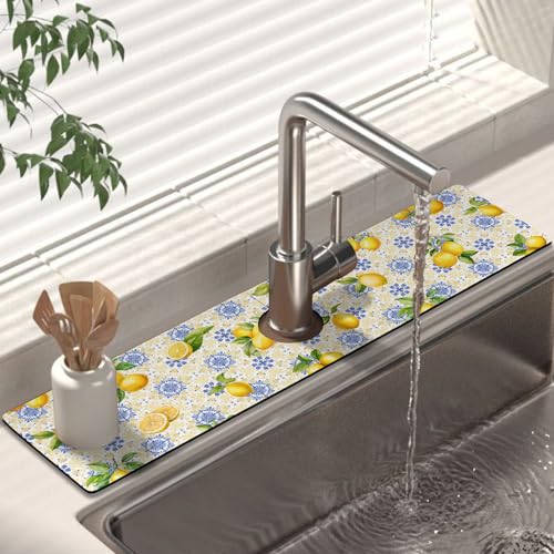 Kitchen Sink Splash Guard Faucet Mat 24" X 5.5" Lemon Absorbent Fast Drying Mat Faucet Draining Mat Sink Splash Guard Behind Faucet Drip Catcher for Kitchen Bathroom - color: blue lemon, size: 24*5.5in