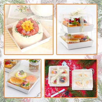 7 x 7 x 4 Inches Paper Charcuterie Boxes with Clear Lids, 25 Pack Large Clear Cake Boxes for 4-6 Inch Cake, Disposable Bakery Boxes Food Containers for Cupcakes,Pie,Cookies, Cocoa Bomb White