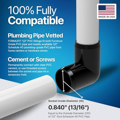1/2" 90 Degree Elbow Furniture Grade PVC Fitting in Black, Made in USA, UV-Resistant, Impact-Proof, 0.840” Actual Socket Diameter (Pack of 10) - F012TEE-BK-10 - color: Black