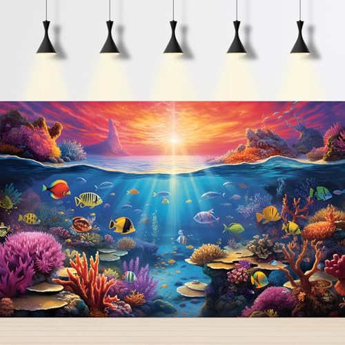 Under The Sea Aquarium Background Underwater Scene with Coral Reef Fish Tank Backdrop Tropical Plants Fishes Natural Ocean Underwater Sunset Seascape Terrarium Background Ocean Theme Backdrop 36x20in