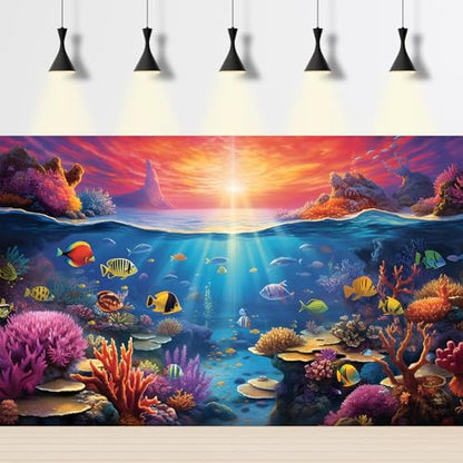 Under The Sea Aquarium Background Underwater Scene with Coral Reef Fish Tank Backdrop Tropical Plants Fishes Natural Ocean Underwater Sunset Seascape Terrarium Background Ocean Theme Backdrop 36x20in