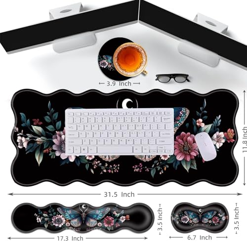 Large Gaming Mouse Pad, Keyboard Wrist Rest Pad & Wrist Support Mousepad Set, Stitched Edge, Extended, Non-Slip Base, Memory Foam Desk Mat for Office, Home,Aesthetics Floar Butterfly Moon - color: Aesthetics Floar Butterfly Moon