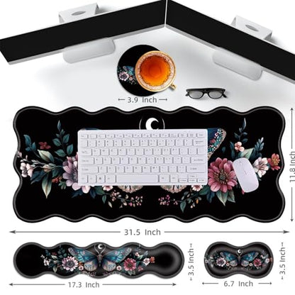 Large Gaming Mouse Pad, Keyboard Wrist Rest Pad & Wrist Support Mousepad Set, Stitched Edge, Extended, Non-Slip Base, Memory Foam Desk Mat for Office, Home,Aesthetics Floar Butterfly Moon - color: Aesthetics Floar Butterfly Moon
