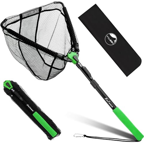Floating Fishing Net Fish Landing Net - Upgraded Design Foldable & Lightweight Freshwater Fishing Landing Net, Ultra-Thin Rubber Fish Net Easy Catch and Release, Fishing Gifts for Men - color: Green 15"/38cm Hoop Size (Extendable)