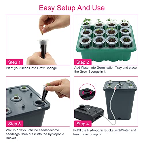 4 Hydroponic Buckets Kit for Plants, Hydroponics Growing System for Herbs/Tomato/Vegetables, DWC System with Air Pump & Germination Tray (Complete Indoor Hydroponic Gardening Supplies)
