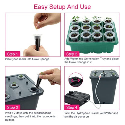 4 Hydroponic Buckets Kit for Plants, Hydroponics Growing System for Herbs/Tomato/Vegetables, DWC System with Air Pump & Germination Tray (Complete Indoor Hydroponic Gardening Supplies)