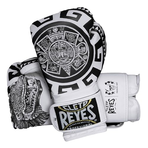 CLETO REYES Training Boxing Gloves for Men and Women with Hook and Loop Closure, Premium Synthetic Leather, MMA, Kickboxing, Muay Thai - color: Aztec Calendar White, size: 14oz.