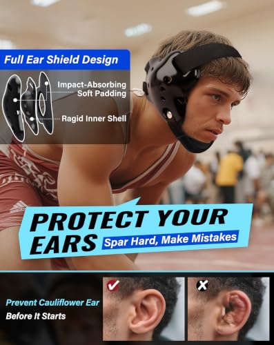 Trymaker Wrestling Headgear, Youth Head Gear with Chin Cup & Pad - color: Black Headgear & Black Strap