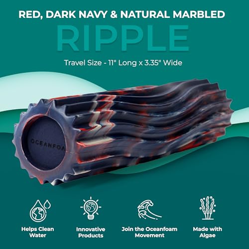 Oceanfoam Ripple Travel Foam Roller (11" x 3.35") Firm Mini Foam Roller for Physical Therapy, Deep Tissue Massage, Back Pain - High Density, Wave Textured - Yoga (Red, Dark Navy & Natural Marbled) - color: Red, Dark Navy & Natural Marbled