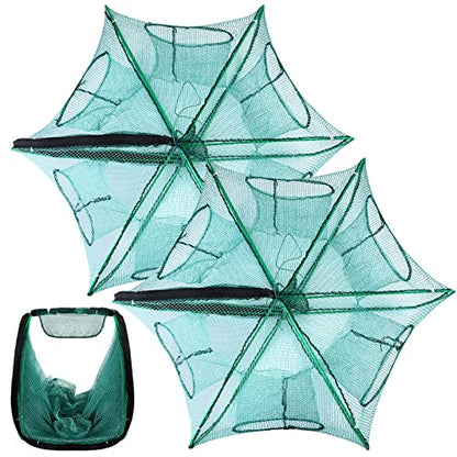 2 Pcs Foldable Fishing Trap Collapsible Hexagon 6 Hole Fishing Bait Trap Portable Minnow Crayfish Crab Crawdad Shrimp Net Cage Accessories(Green)