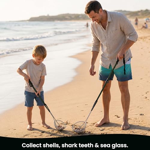 VOS Sand Sifter 2-Pack | Adjustable Handle 21"–33" | Stainless Steel Beach Scoop for Seashells, Shark Teeth & Sea Glass | Lightweight Aluminium, Rust-Resistant – Black