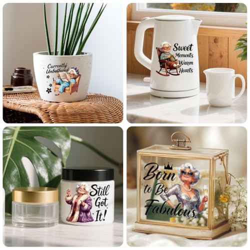 Peacoblue 18 Sheets Rub on Transfers for Crafts, Funny Grandma 3.6"x3.9" UV DTF Cup Wraps Waterproof Rub on Cold Transfers Stickers for Wood Glass Metal Cup Tumblers Mirrors Mugs Home Decor - style: Funny Grandma