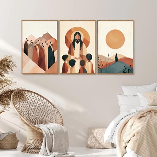 KYLESONLIE Large Jesus and Disciples Framed Canvas Wall Art Set, Boho Christian Bible Posters Wall Decor, Minimalist Religious Faith Art Paintings for Living Room Bedroom Dining Room Church 16"x24"x3