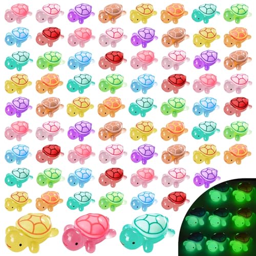63Pcs Mini Resin Turtles, Luminous Tiny Turtles to Hide, Glow in The Dark, Miniature Turtle Bulk for Fairy Garden Aquarium Micro Landscape Potted DIY Craft Accessories Ornament Charms
