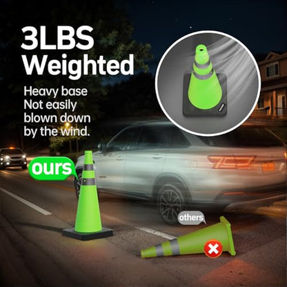 BATTIFE 28 inch Collapsible Green Traffic Safety Cones Weighted Base 2 Pcs - color: Green