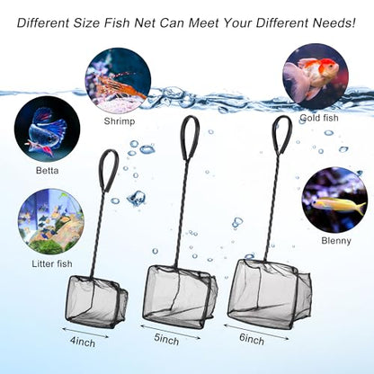 4in 5in 6in Aquarium Fish Net Green Fine Mesh Nylon Net Collection with 11" Long Handle Square Quick Catch Fish Net for Fish Tank - color: Black, size: 6PCS 4，5，6"