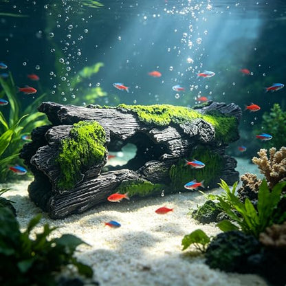 Teaeeno Faux Log Fish Cave, Predator Control and Decorative Shelter for Koi and Fish, Ponds, Aquariums, Aquarium Décor Ornaments (Green)