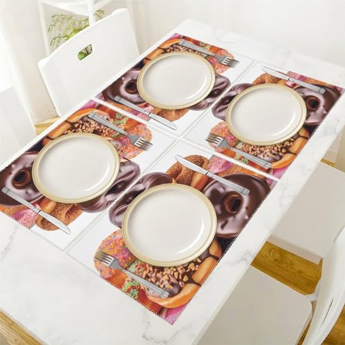 Placemat Set of 4 Washable Place Mats Heat Resistant Donuts Chocolate Table Mats for Kitchen Non-Slip Placemats Wipeable Desktop Protection Mat for Dining Table - color: Donuts Chocolate