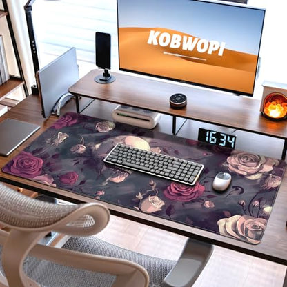 35.4 x 15.7 in, XXL Large Mouse Pad for Desk, Extended Keyboard Mouse Mat for Computer Office, Big Mouse pad with Stitched Edges, Gaming Pc-Skull red Pink Rose Butterfly - color: Skull red Pink Rose Butterfly