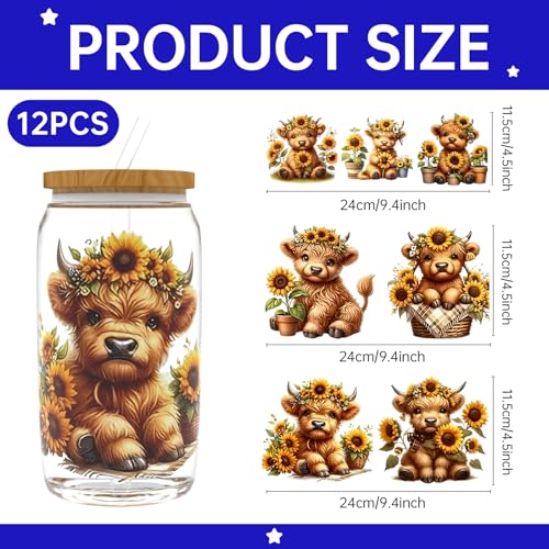UV DTF Cup Wrap for 16oz Glass, 12 Sheets Highland Cattle Waterproof Rub On Transfers, UV DTF Decals Stickers for Tumbler Water Bottle