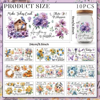 10 Pcs Flower UV DTF Cup Wraps, Floral Plants UV DTF Rub on Transfer Sticker Inspirational Quotes Waterproof Transfer Sticker Decals for 16OZ Glass Cups Water Bottle DIY Crafts - style: Flower