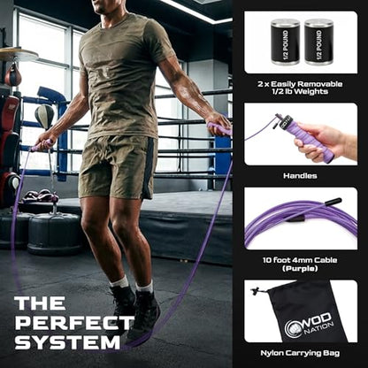 WOD Nation Weight Jump Rope for Men & Women, 1LB Adjustable Heavy Speed Rope with Removable Handle Weights, Dual Cables for Cross Training, Cardio, Home Workouts Adult Fitness Jump Rope - color: Purple