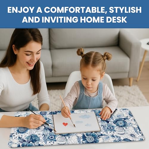 Large Mouse Pad for Desktop, Cute Desk Mat Pad Protector for Work & Gaming, Aesthetic Pretty Anti-Slip Laptop Blotter Cover for Office School Home Supplies, Blue Floral, 31.5" x 11.8"