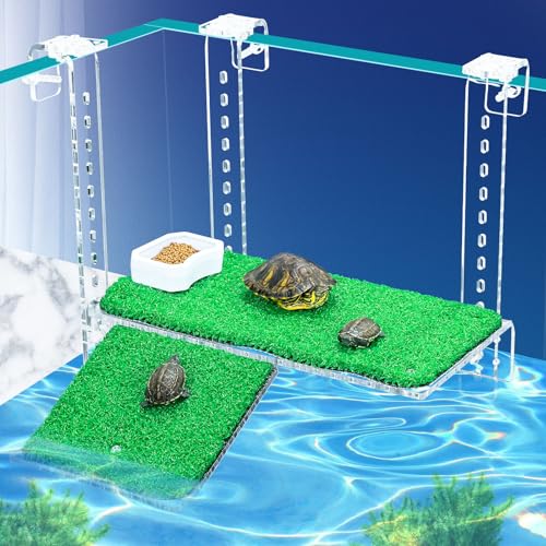 Turtle Basking Platform with Artificial Grass & Adjustable Ramp Non-Slip Large Dock for Aquatic Turtles Fits 0.31"-2.11" Thick Tanks Durable Acrylic Turtle Tank Accessories 11 Inch - size: 11 Inch