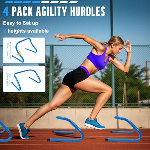 Agility Ladder, Soccer Training Equipment Set, 4 Agility Hurdles, 20ft Speed Ladder, Running Parachute, 12 Football Cones, Jump Rope | Soccer Basketball Athletes Speed Training - color: Blue