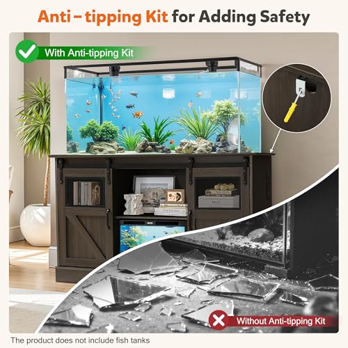 55-75 Gallon Large Fish Tank Stand with Power Outlet, Heavy Duty Aquarium Stand with Sliding Barn Doors, Turtle Reptile Terrarium Stand with Cabinet for Accessories Storage, 1300LBS (Gray)