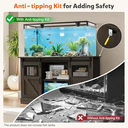 55-75 Gallon Large Fish Tank Stand with Power Outlet, Heavy Duty Aquarium Stand with Sliding Barn Doors, Turtle Reptile Terrarium Stand with Cabinet for Accessories Storage, 1300LBS (Gray)