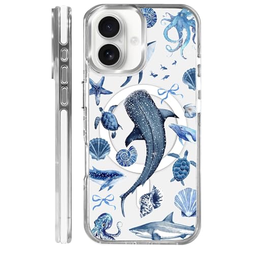for iPhone 16 Case,Compatible with MagSafe,The Transparent TPU Silicone Protects The Phone Case from Drops, Slips and Fingerprints.Blue Ocean Whale Shark Octopus Turtle Collage
