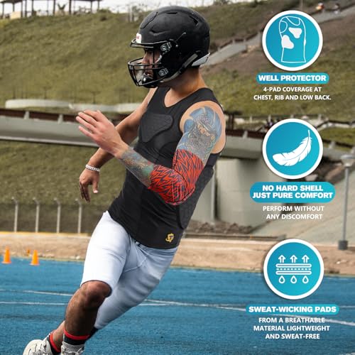 TUOY Adult Rib Chest Protector, New Version - Padded 5 Pads Baseball Football Lacrosse Rib Heart Sternum Guard - color: Black, size: X-Large
